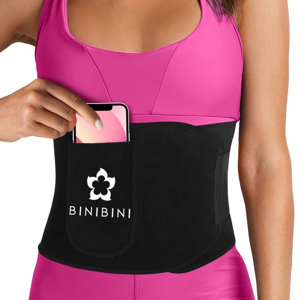 BINIBINI® Bauchweggürtel für Mamas, Fitness Waist Trainer Schwitzgürtel für Sport - Nierengurt oder Bauchgurt nach Schwangerschaft, unterstützt Rückbildung - mit integrierter Handytasche (M)