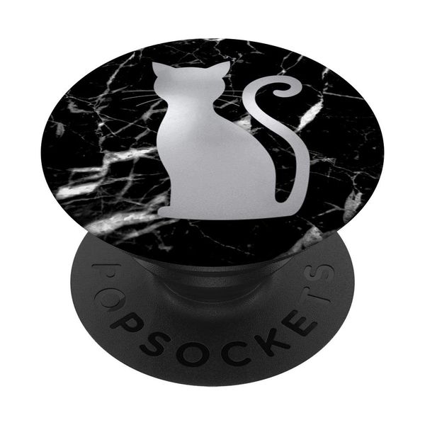 Cat Design - Silver-Gray-Effect - Black-Marble-Effect PopSockets Grip and Stand for Phones and Tablets