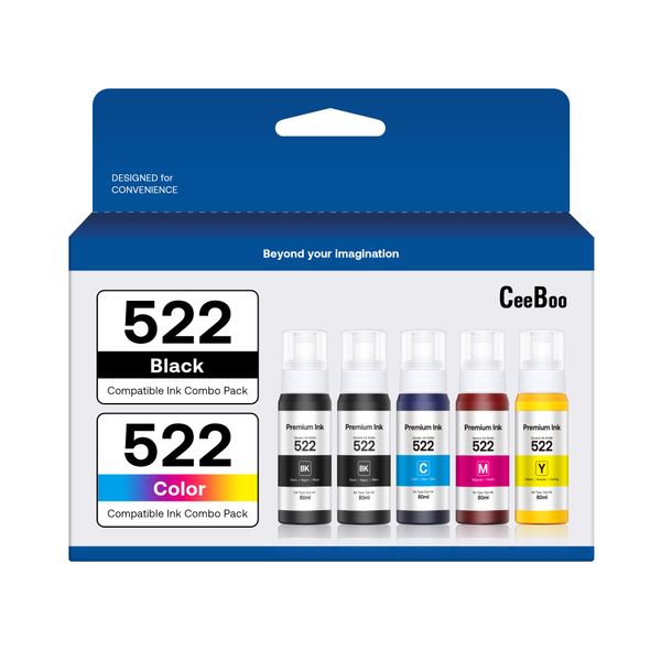 522 High Capacity (5 Bottles) Refill Ink Bottle Replacement for Epson Compatible 522 Ink Refill Bottles (Not Sublimation Ink) Use for ET-2803 ET-2800 ET-2720 ET-4800 Printer