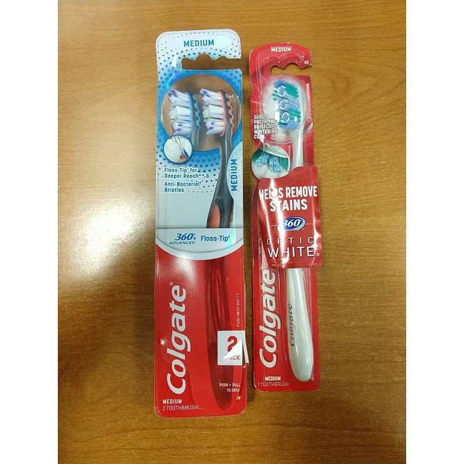 3 Pk: Colgate 360 (2) Floss Tip & (1) Optic White Medium Toothbrushes - E15D