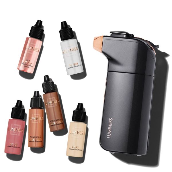 Luminess Breeze Duo Airbrush Makeup System, Deep Coverage – 9-Piece Kit includes 2x Silk Airbrush Foundation, Apricot Shade Blush, Glow Highlighter, Moisturizer Primer, and Airbrush Cleaning Solution