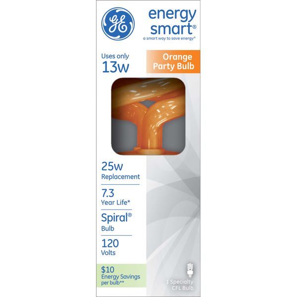 GE Lighting 78958 Energy Smart CFL Party Light 13-Watt Orange T3 Spiral Light Bulb with Medium Base (25-watt replacement) 1-Pack