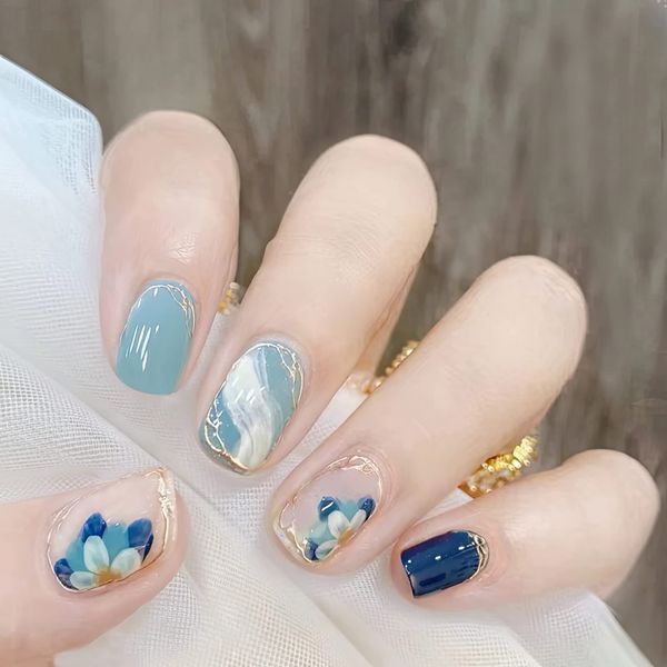 Sun&Beam Nail Tips, Medium, Short, Round, False Nails, Camellia, Cherry Blossom, Medium Long, False Nails, Popular, Cute, Stylish, Convenient, Safe, Comfortable, 24 Colors (#4-Blue)
