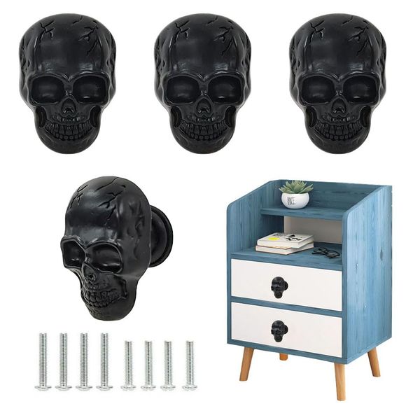 Sutfmwe Black Metal Skull Drawer Knobs Pulls, Unique Skull Cabinets Knob Covers Decorative,Single Hole Handle for Dresser Closets Hardware Furniture Halloween Skull Kitchen Accessories 4Pcs (Black)