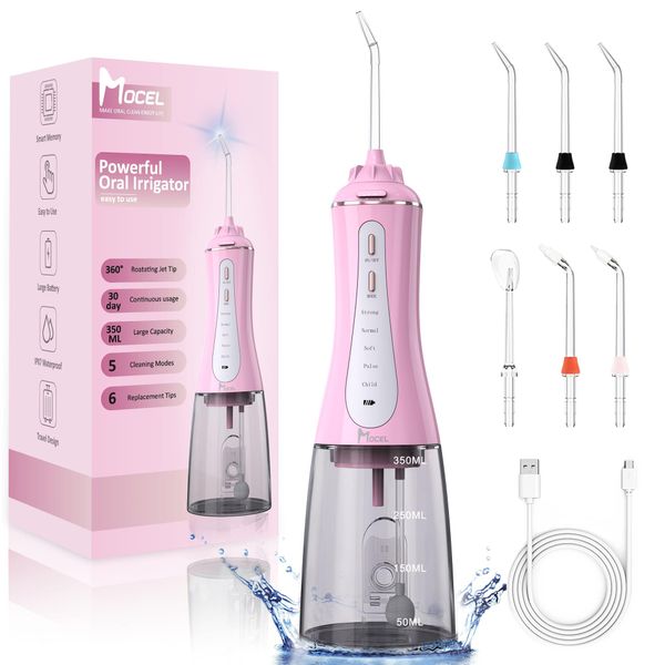 MOCEL Water Dental Flosser Oral Irrigator with 5 Modes, 350ml Cordless Water Teeth Cleaner Pick 4 Tips, IPX7 Waterproof Portable Powerful Battery for Travel & Home Braces & Bridges Care (Pink)