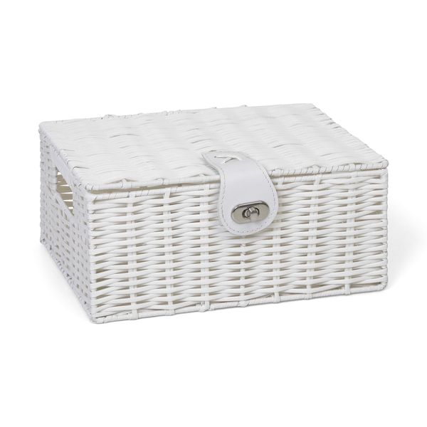 ARPAN Small Resin Woven Storage Basket Box With Lid & Lock - White