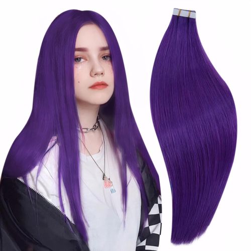 RUNATURE Tape-In Real Hair Extensions, Purple, 30 cm, Colourful, Remy Human Hair, Invisible, 20 g, 10 Pieces