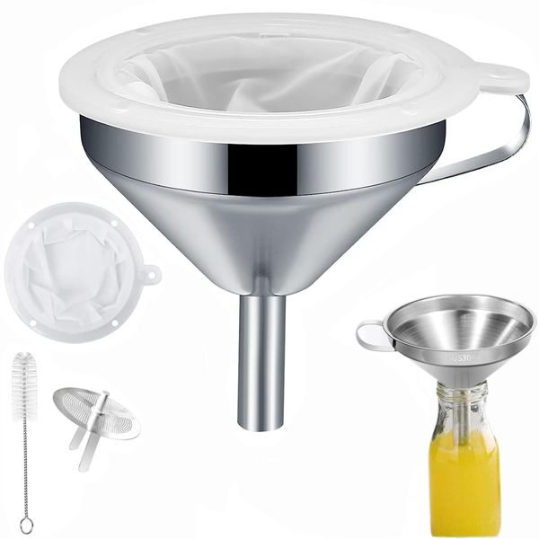 4Pcs Stainless Steel Funnel Kitchen Funnel and 200 Mesh Filter Food Grade Funnel Set with Transferring of Liquid for Oils, Juice, Wine, Coffee, Tea, Jam Dishwasher Safe