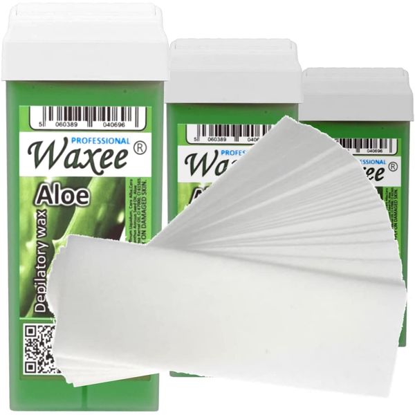 3 x 100ml roll on roller wax cartridge and 50 waxing strips Waxee (Wide roller (legs & body), Aloe)