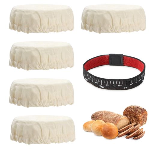 Sourdough Jar Cover, 5pcs Reusable Covers for Sourdough Starter Container & 1 Elastic Band, Cotton Sourdough Cloth Cover, Breathable Fabric Covers, Bread Baking Supplies for Mason Jars Fit 3-4 Inch
