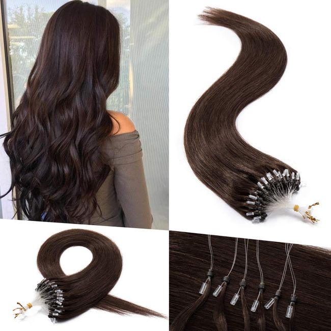 Benehair Micro Loop Ring Hair Extensions Human Hair 24 inch Medium Brown Fish Line Links Fusion Tipped Stick Hairpiece for Women Straight Real Hair 100 Strands 50g #4