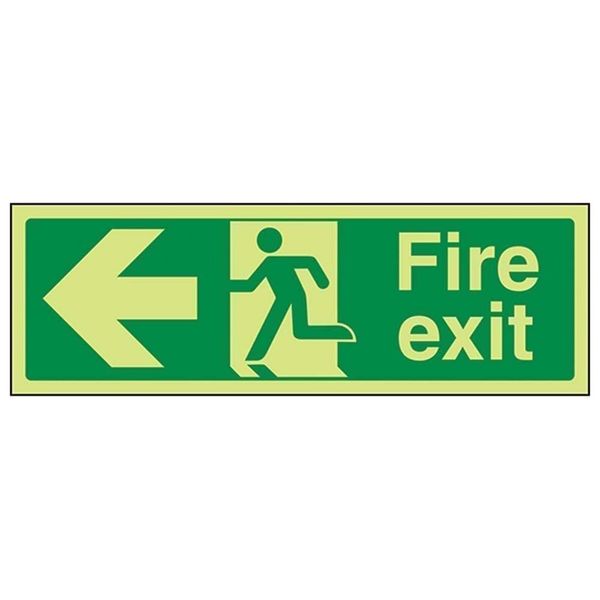 V Safety Glow in the Dark Fire Exit Arrow Left Sign - 300 mm x 100 mm - Self Adhesive Vinyl Safety Sign