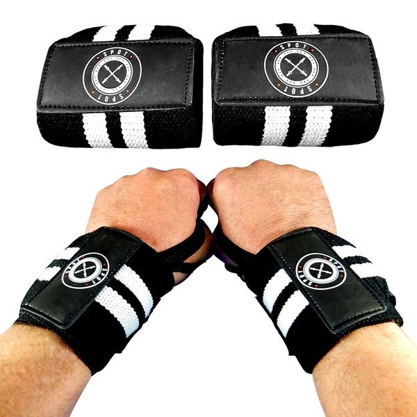 Spot Lion Fitness Wrist Wraps (Professional Quality) Powerlifting, Bodybuilding, Weight Lifting Wrist Supports for Weight Training - Black with White Stripes