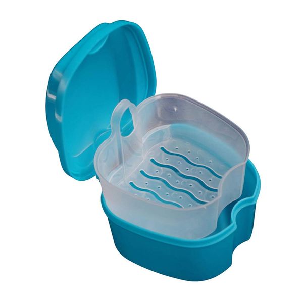 1 Piece Denture Case Denture Bath Box Case Dental Orthodontic Retainer False Teeth Storage Case Box Denture Cup with Basket Net Container Holder, Light Blue