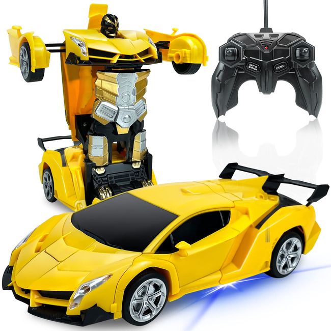 Tcvents RC Car, Transforming Robot, Car Toy, Stunt Car, Transformable into a Robot, Electric RC Car, LED Included, 360° Rotation, Model Car, Children's Toy, Birthday, Christmas, Gift (Yellow)