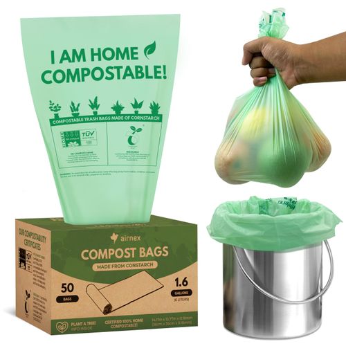 AIRNEX 50 Small Compost Bags for Countertop Bin 1.6 Gal - Cornstarch Compost Trash Bags - Leakproof & Tear Resistant Compostable Bags for Kitchen Compost Bin - OK Compost Home & Seedlings Certified