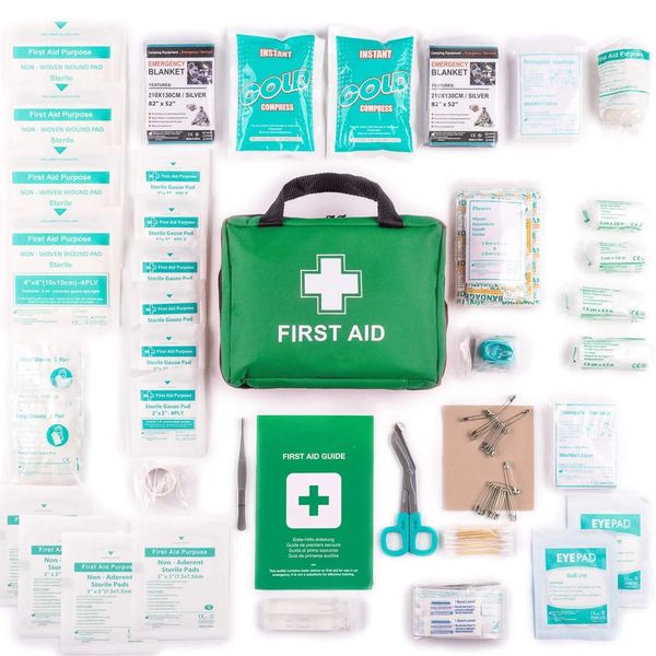 First Aid Kit Bag, 90 Piece Emergency Survival Kit Includes Eyewash Ice Packs Emergency Blanket Plasters Eye Pads Eye Wash Bandages Safety Essentials for Travel Car Home Office Work Place Garage Sport