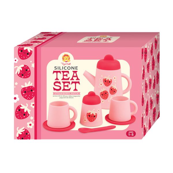 Tiger Tribe: Silicone Tea Set - Strawberry Patch - 9 Piece Kids Playset, Teapot, Saucers & More, Pretend Play Toy, Kids & Toddler Ages 1+