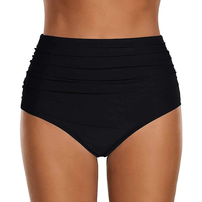 ABINGOO Damen Bikinihose Badeanzug Elastischer Bauchweg High Waist Schwarz Strand Badeshorts Abdominal Ruched Klassische Badehose