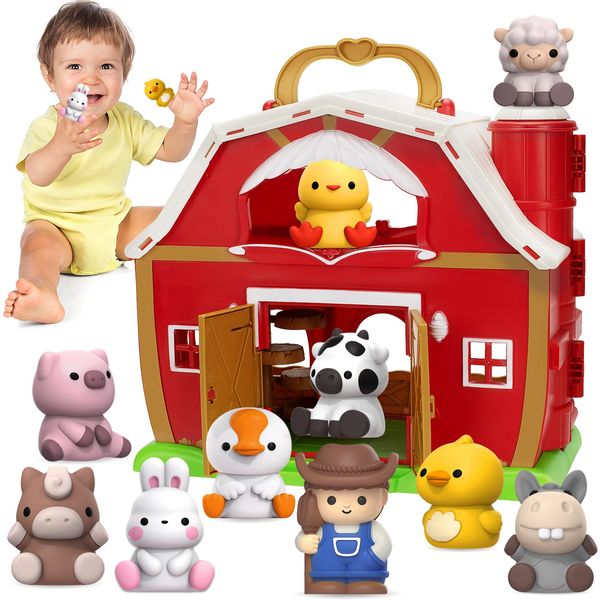 KMUYSL Big Red Barn Farm Animal Playset for 1,2,3 Year Old, Learning Toys Sensory & Cognitive Development Montessori Toys, Christmas Birthday Easter Gift for Baby Toddler Boys Girls Age 12-18 Months