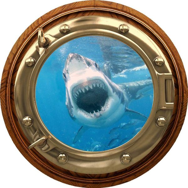 12" Port Scape Instant 3D Window Wall Sticker Great White Shark Attack BRASSWOOD Porthole Wall Decal Ocean Under Water Sea Life Fish Kids Bedroom Playroom Wall Art Room Decor Removable Fabric Vinyl