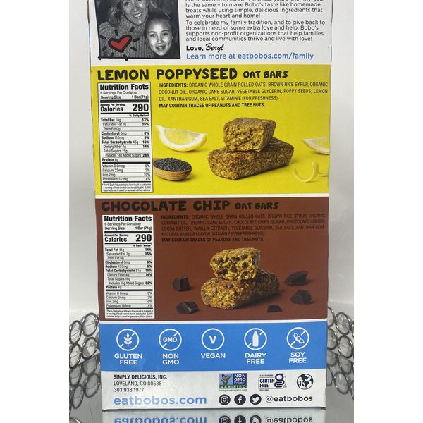 Bobo's Oat Bars  - Gluten Free - Chocolate Chip/Lemon Poppyseed -2.5 Oz - 12 Ct