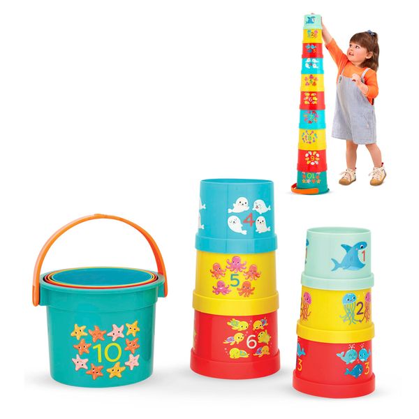 B. toys- Bazillion Buckets- Sort & Stack- 10 Stacking Cups – Numbered Nesting Cups – Bath & Backyard Toys – Educational Play Set for Toddlers, Kids – 18 Months +