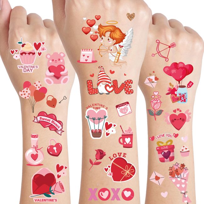 Crazy Night Valentine's Day Temporary Tattoos for Kids Women-102 Styles, Red Heart Love Rose Bouquet Cupid Fake Tattoos Valentines Day Stickers Games Gifts Party Decorations