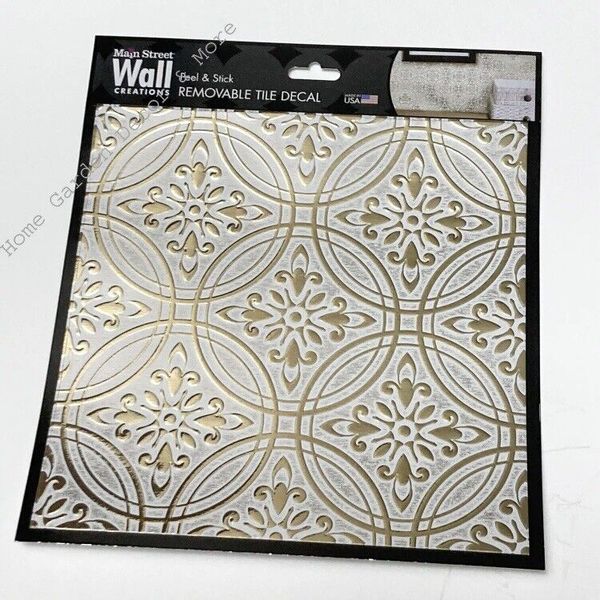 Peel Stick 8"x8" Art Wall Tile Backsplash GOLD White Floral Scroll Made in USA