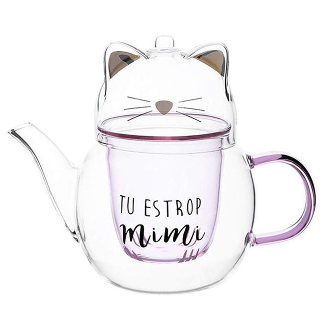 IwaiLoft IL-G1968 Handmade Heat Resistant Glass Tea Pot with Tea Infuser, Jumping Tea, Fruit Tea, Leaf Tea, Craft Tea, Half Tea, Direct Fire, Large Capacity, Style: Nya Nya Neko (Meow Meow Kitty), 20.3 fl oz (600 ml)