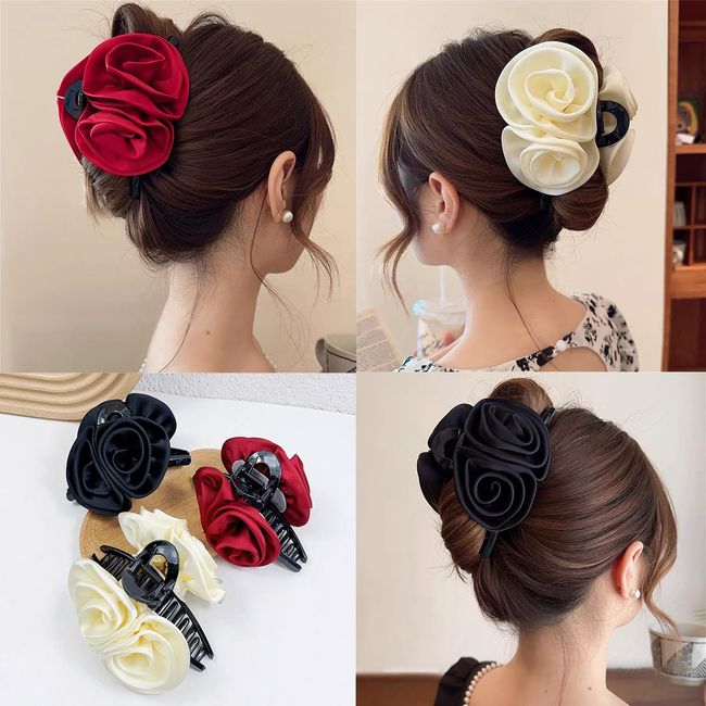 Large Flower Hair Claws, 3 Pcs Rose Silk Floral Bow Clips Hair Clamps Barrettes Clamps Hair Accessories for Women Girls