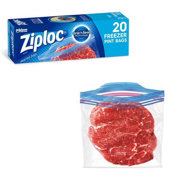 Ziploc Pint Food Storage Freezer Bags, Grip 'n Seal Technology for Easier Grip, Open, and Close, 20 Count