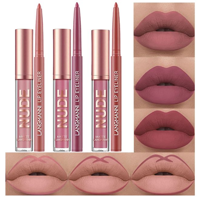 BestLand 6Pcs Matte Liquid Lipstick and Lip Liner Set, Non-Stick Cup Not Fade Waterproof Nude lipstick Makeup Kits Velvety Nude Lipliner Lip Gloss Make Up Gift Set (Set C)