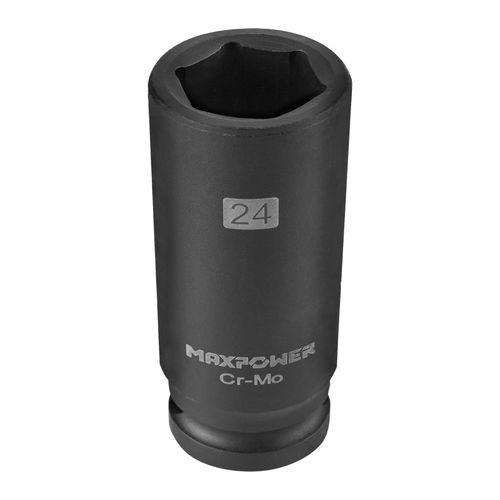 MAXPOWER 1/2 Inch Drive 24mm Deep Impact Socket with 6-Point Design, Heat-Treated Chromium-Molybdenum Steel, Mertic