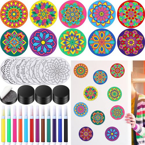 Relaxweex 50 Sets Magnetic Mandala Craft Mandala Painting Kits DIY Mandala Fridge Magnets Mandala Cardstock with Markers for Adults Stress Relieving Painting, Family Activity (Floral Style)