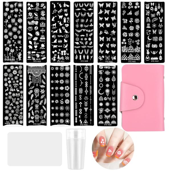 Granvoo 12pcs Nail Template Piastra per Unghie,Set di Nail Art Stamping con raschietto e timbro,Stampi per unghie con vari motivi,Strumenti per nail art,Adatti per nail art fai da te