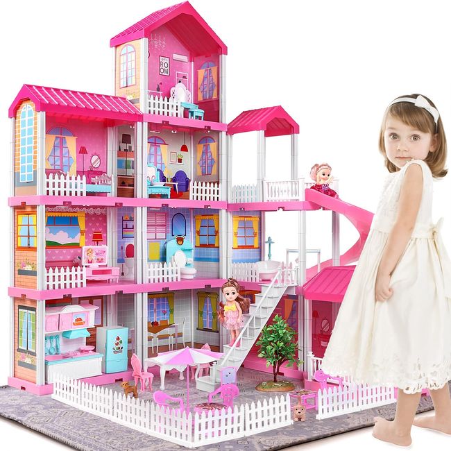 TOY Life Dollhouse - Doll House 4-5 Year Old with Lights - Toddler Girls  Doll House 3-5 Year Old with 2 Dolls 3 Princess Doll Dream House Rooms