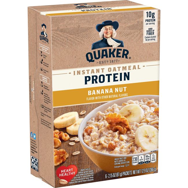 Quaker Protein Instant Oatmeal, Banana Nut, 10g Protein, Individual Packets, 36 Count