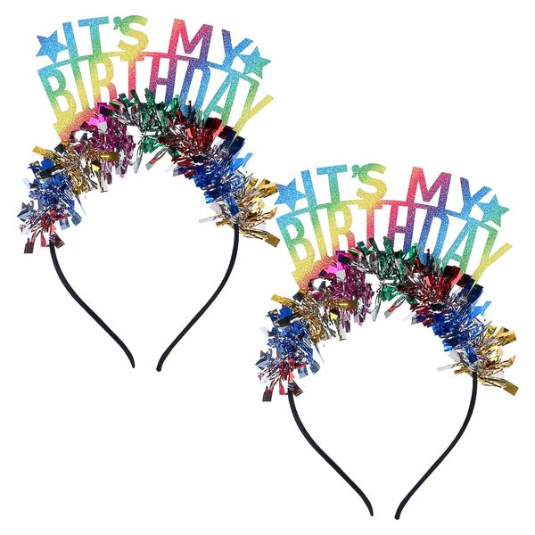 Qianyu 2 Pcs Glitter Princess Crown Hair Band Birthday Girl Headband with Rainbow Bling Happy Birthday Queen Tiara Sweet Headpiece Party Accessories for Women Girls Decorations Wedding Favors