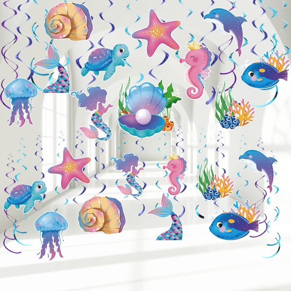 52 Pcs Mermaid Hanging Swirl Mermaid Party Ceiling Streamers Decorations for Mermaid Birthday Party Ocean Theme Party Under The Sea Party Jellyfish Party Baby Shower Supplies