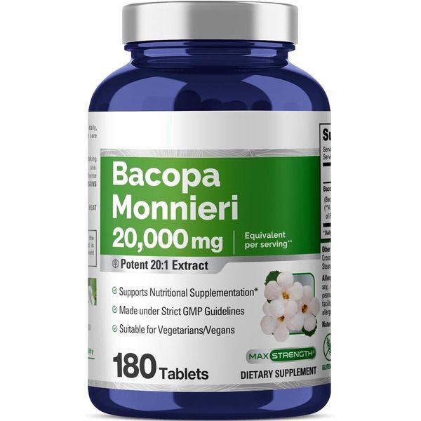 Bacopa Leaf Monnieri Extract 20,000mg 180 Tablets Non GMO Gluten Free