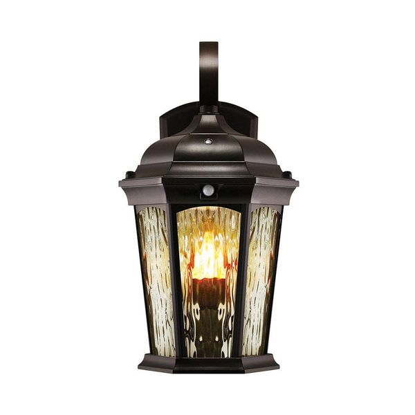 Euri Lighting EFL-130W-MD Flickering Flame Porch Light, Water Glass, with Integrated Security Light (3000K), Motion-Sensor, Dusk-to-Dawn, Oil Rubbed Bronze Housing