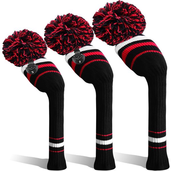 Golf Head Covers Woods Driver Fairway Hybrid 3 Pcs,Golf Headcover Pom Knitted Number 1 3 5 for Men Women Kids Anti-Wrinkle Washable Soft Portable Color Blue Red (Black/Red)