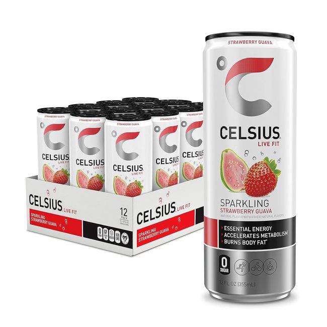 CELSIUS Essential Energy Drink 12 Fl Oz Sparkling Strawberry Guava Pack of 12