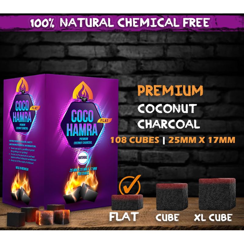 Coco Hamra* Natural Coconut Shell Charcoal Flat- 108pcs Coals (2.7lbs ...
