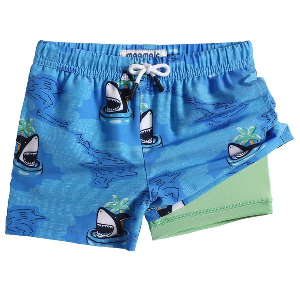 MaaMgic Badehose Jungen Badeshorts Kinder Schnelltrocknend Schwimmhose Kurze Swim Shorts für Kleine Boardshorts mit Kompression Taschen Verstellbare Tunnelzug MEHRWEG,Blau Hai Kokosnuss,10-12 Jahre