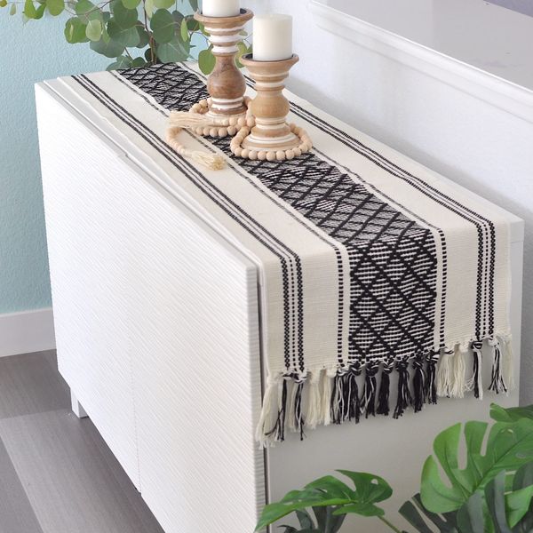 Boho Short Coffee Table Runner with Tassels 14 x 48 Inches, Black & Cream/ Woven Washable Dresser Scarf and Topper for Bedroom, Farmhouse Short Table Cover