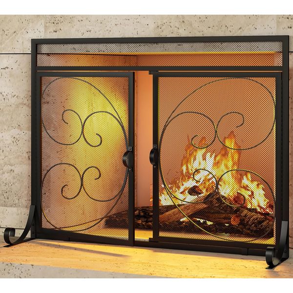 Flat Fireplace Screen with Hinged Doors Handcrafted Wrought Iron Classical Scrol