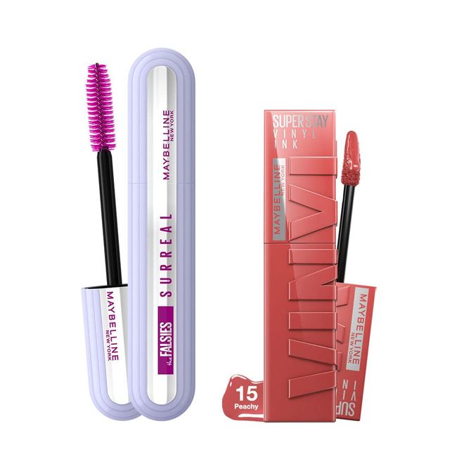 Maybelline New York Falsies Surreal Maskara + Super Stay Vinyl Ink Uzun Süre Kalıcı Likit Parlak Ruj 15 Peachy