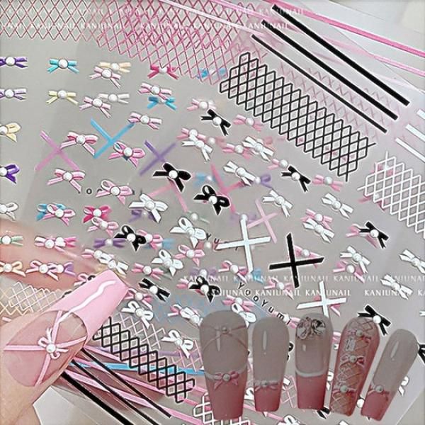 Nail Art Lovely Pearl Stone Ribbon 5D Embo Sticker 3 Types